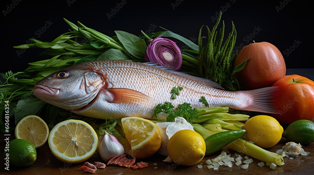 food medicine concept healthy ingredient, fresh fish with herb and vegetable, Generative Ai food medicine concept healthy ingredient, fresh fish with herb and vegetable, Generative Ai