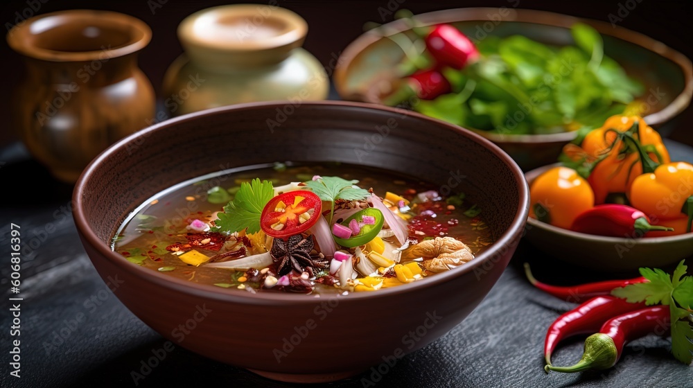 close up spicy sour shrimp light soup, Generative Ai close up spicy sour shrimp light soup, Generative Ai