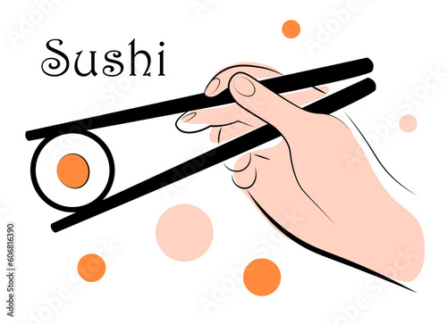 The hand holds sticks with a roll. Sushi and rolls. Japanese food. Vector illustration isolated on white background