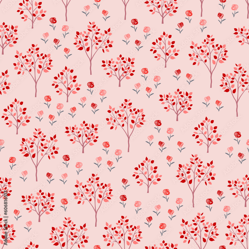 Nature seamless pattern with cute blooming flowers on red and pink tone