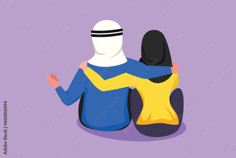 Graphic flat design drawing back view of romantic Arab couple in love sitting and hugging at park. Happy couple getting ready for wedding. Engagement, love relation. Cartoon style vector illustration Graphic flat design drawing back view of romantic Arab couple in love sitting and hugging at park. Happy couple getting ready for wedding. Engagement, love relation. Cartoon style vector illustration