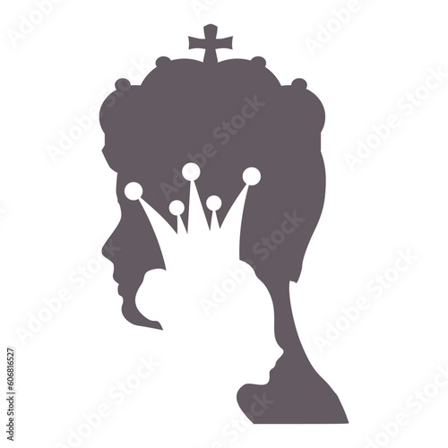 Woman and man head silhouettes. King and princess. Young couple