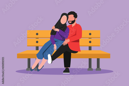 Character flat drawing romantic Arabian couple on bench in park. Happy man hugging and embracing woman at outdoor park. Couple dating celebrate wedding anniversary. Cartoon design vector illustration