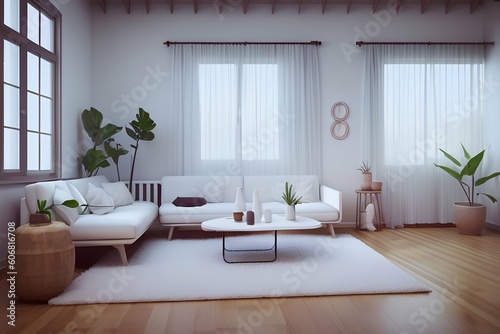 White minimalist living room interior with sofa on wooden floor  decor on a big wall  white landscape in window with curtains. - generative ai 