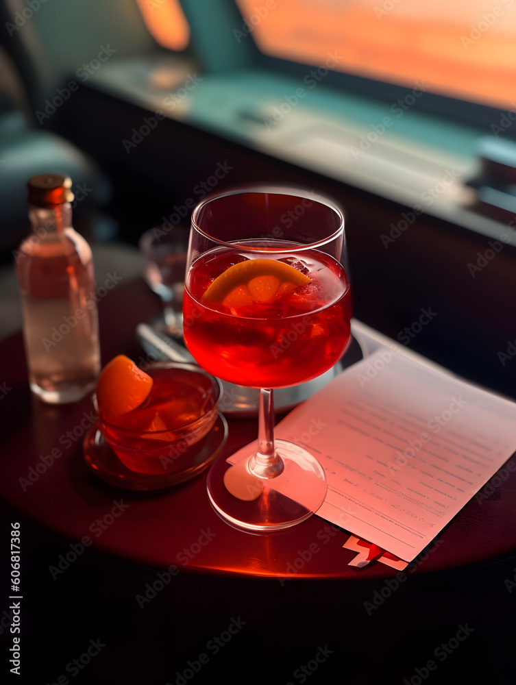 picture of a Negroni on the table of the plane in the style of eggleston Los Alamos