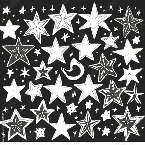 black - white Hand drawn star set. Star doodles collection on white background - generative ai 