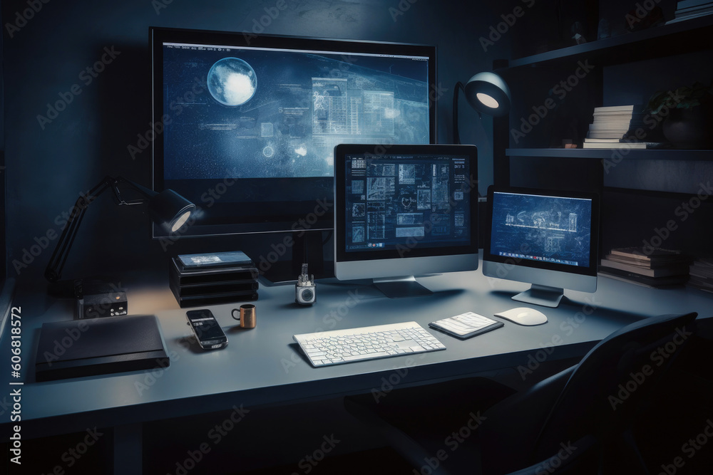 A responsive design website builder workspace in navy blue featuring various responsive devices. Generative AI A responsive design website builder workspace in navy blue featuring various responsive devices. Generative AI