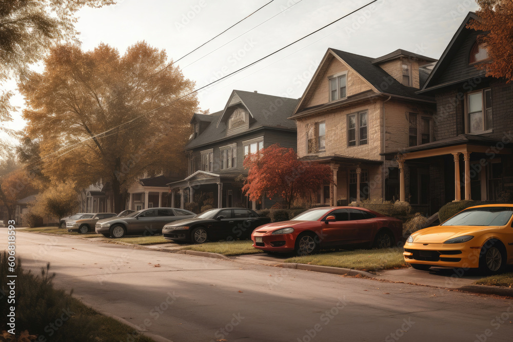A serene neighborhood with houses and cars. Generative AI