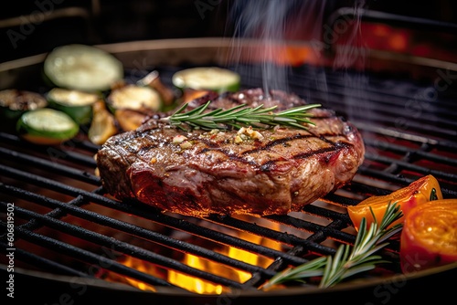 Sizzling Steak Delight. Perfectly Grilled. Medium Rare Juicy Steak with Rosemary