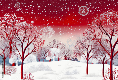 Red and white Christmas landscape with snowflakes and trees, dark red and white, monochrome landscapes. Generative Ai Illustration. © Saulo Collado