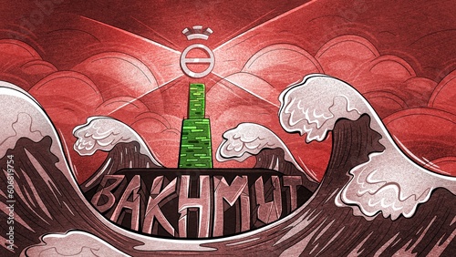 Illustration of a lighthouse in a stormy sea with the coat of arms of the Ukrainian city of Bakhmut.