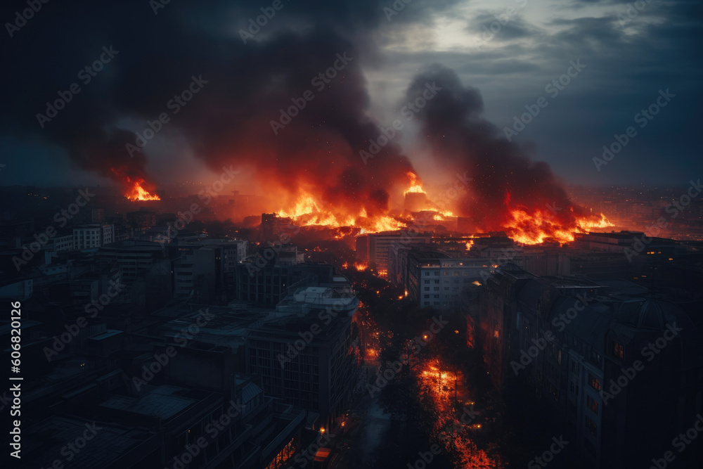 City engulfed in flames, apocalypse, doomsday. Generative AI