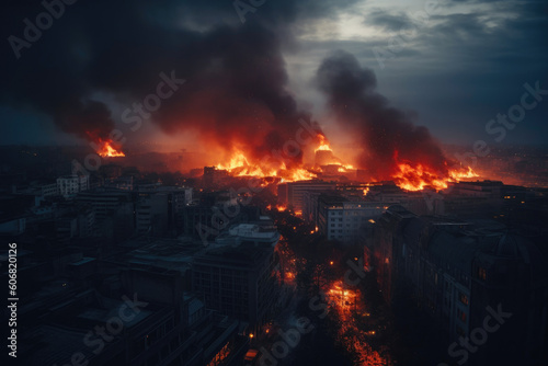 City engulfed in flames, apocalypse, doomsday. Generative AI © Andrii 