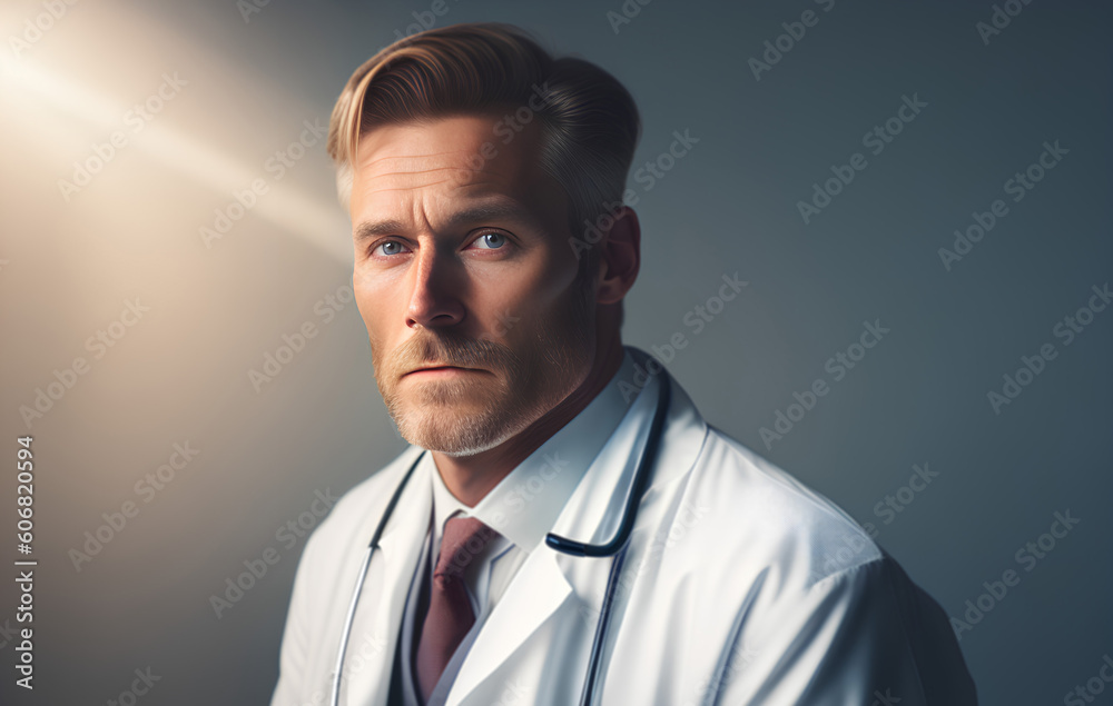 Mature handsome doctor in white apron uniform looking at camera in office. Blurry background, portrait. Generative AI Mature handsome doctor in white apron uniform looking at camera in office. Blurry background, portrait. Generative AI