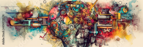 Poster brain drawing art, design, abstract, sketch of colorful brain, brain banner texture. Generative Ai Illustration.