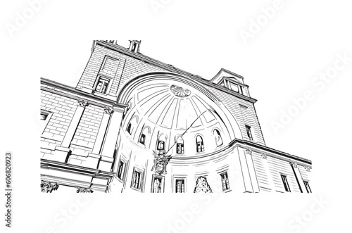 Building view with landmark of  Rome is the capital city in Italy. Hand drawn sketch illustration in vector.