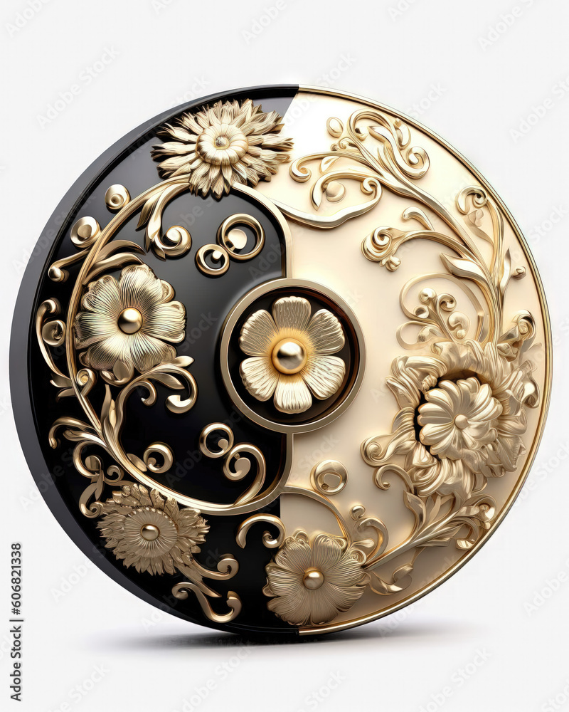 3d illustration of Yin Yang symbol in golden and black with floral pattern 3d illustration of Yin Yang symbol in golden and black with floral pattern