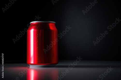Red beverage can standing alone on black background. Generative AI