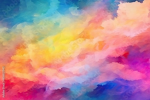 Colourful watercolor background of abstract sky with puffy clouds in bright rainbow colors of pink green blue yellow and purple. Abstract painting banner for web.. Generative AI illustration.