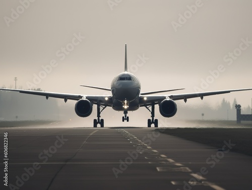 A large passenger plane aircraft takes off from the runway. Generative Ai technology. © Irina
