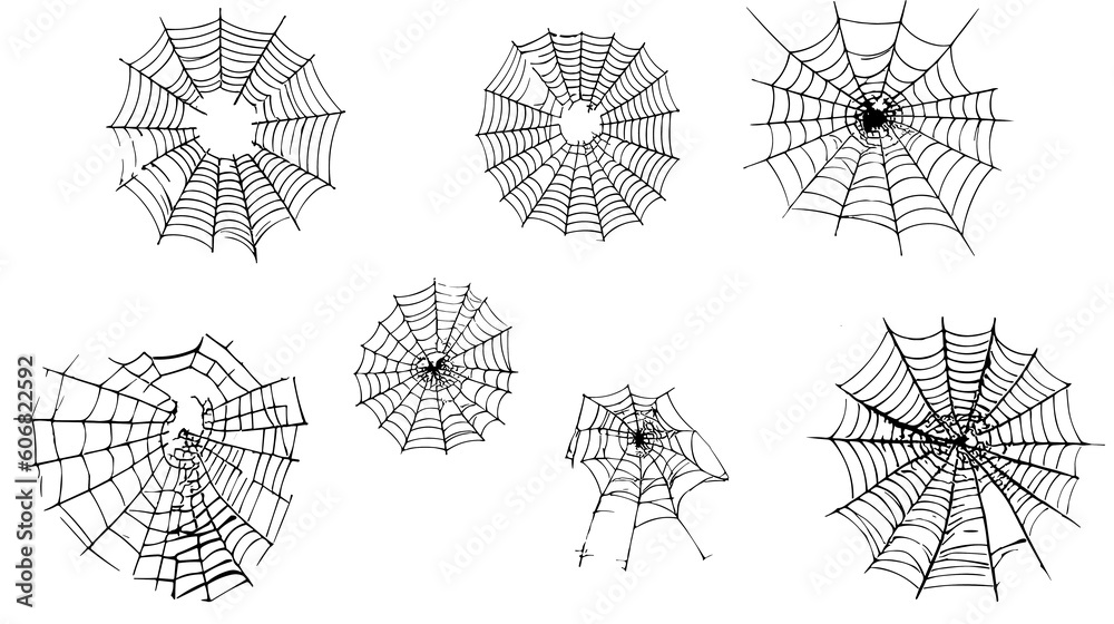 illustration of a flat spider cobweb isolated on a transparent background, spider cobweb set, png file.