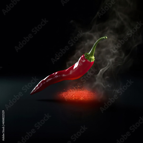 Red chili floating with motion fire effect. 