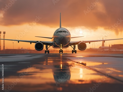 A large passenger plane aircraft is on the runway at sunset. Generative Ai technology.