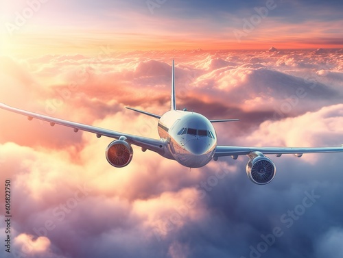 A large passenger airplane aircraft flies above the clouds at dawn. Generative Ai technology.