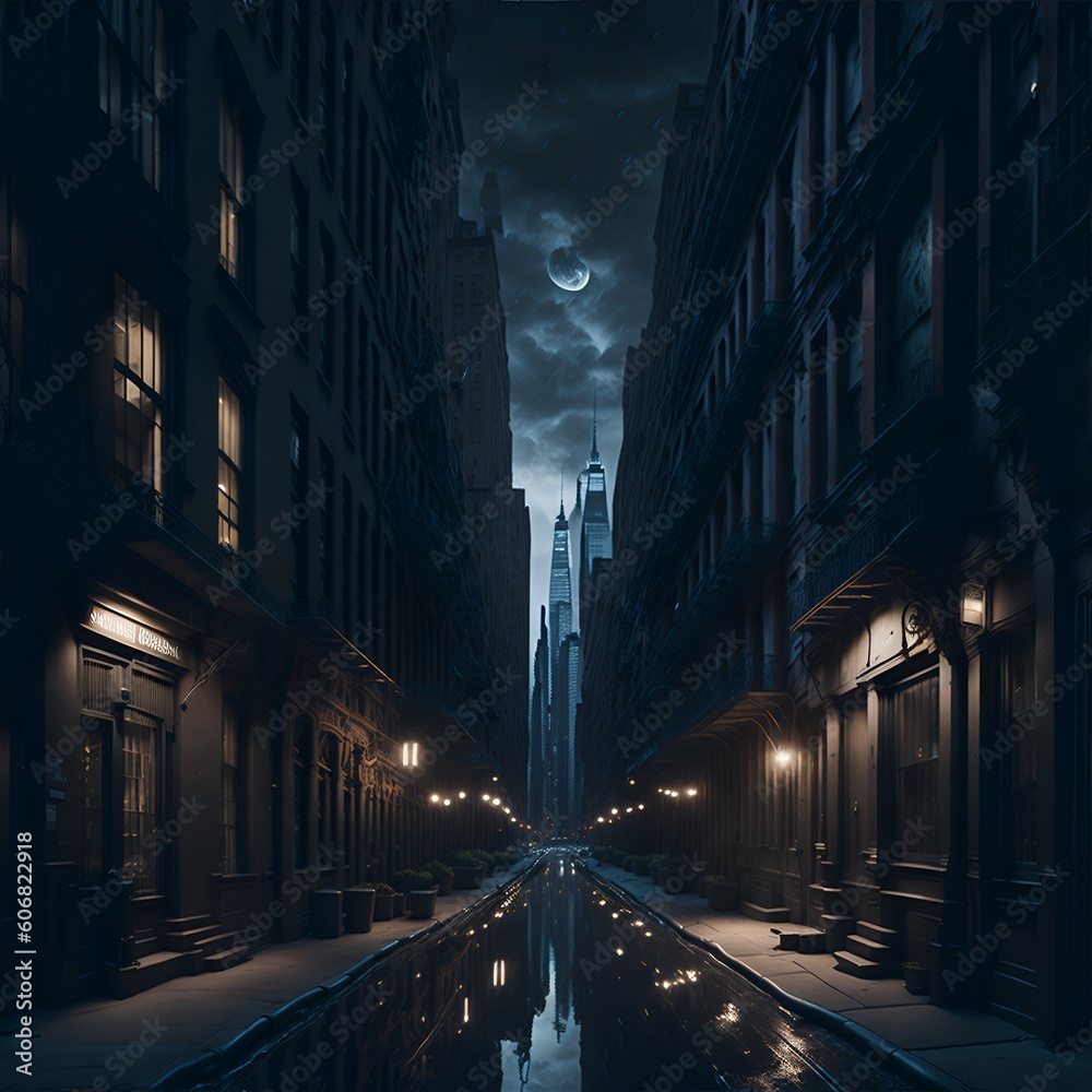 Calle de la ciudad de Nueva York una noche oscura de lluvia