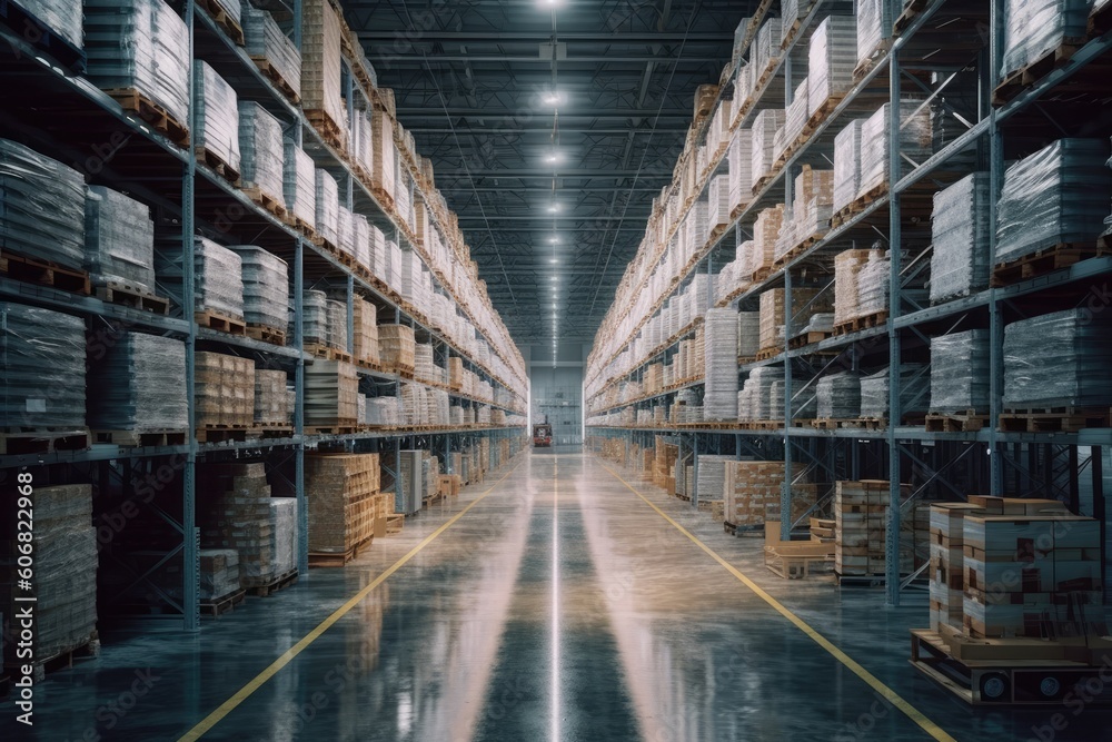 Huge distribution warehouse with high shelves. Generative AI illustration.