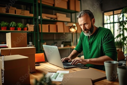 Man in green polo shirt using laptop while sitting at desk and preparing carton box for shipping during work in logistic office. Generative AI illustration.