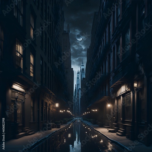 Calle de la ciudad de Nueva York una noche oscura de lluvia