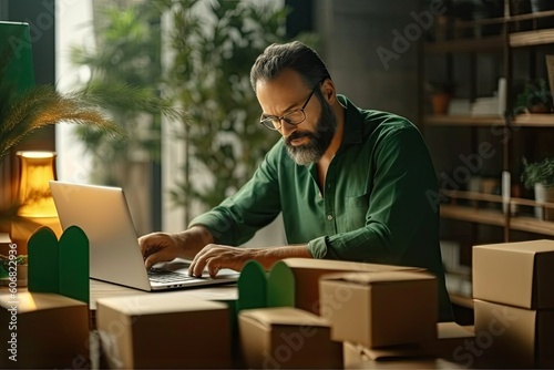 Man in green polo shirt using laptop while sitting at desk and preparing carton box for shipping during work in logistic office. Generative AI illustration.