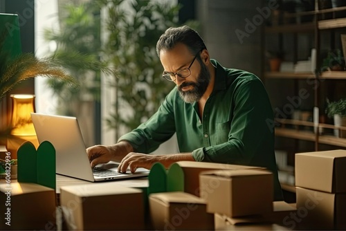 Man in green polo shirt using laptop while sitting at desk and preparing carton box for shipping during work in logistic office. Generative AI illustration. © alvaher
