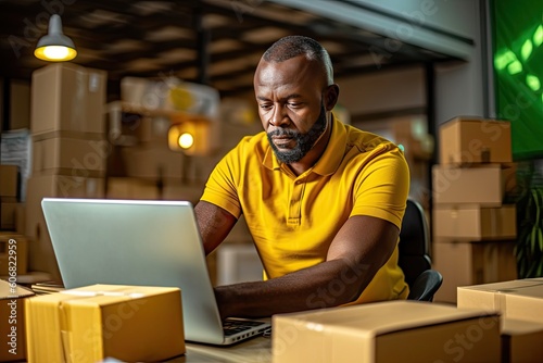Black man in yellow polo shirt using laptop while sitting at desk and preparing carton box for shipping during work in logistic office. Generative AI illustration.