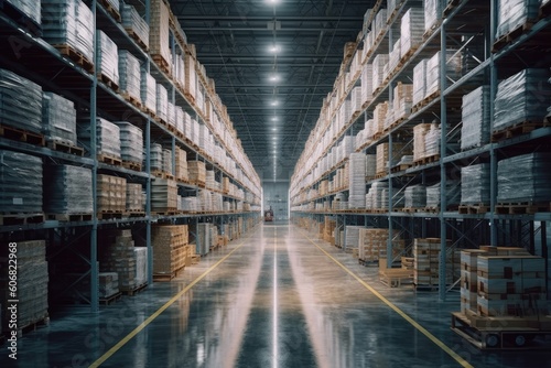 Huge distribution warehouse with high shelves. Generative AI illustration.