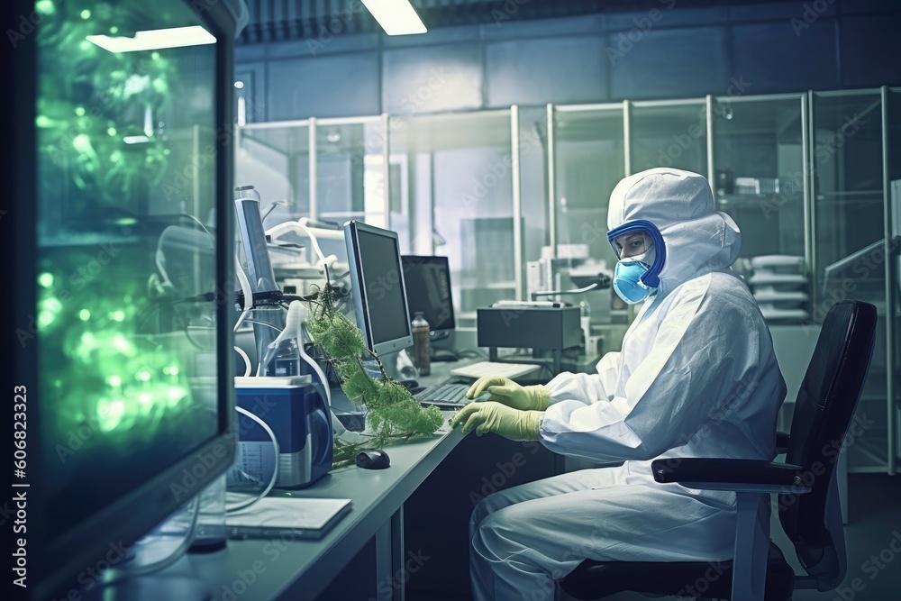 Biologist wearing protective mask working in the laboratory office with a computer. Realistic generative AI illustration. Biologist wearing protective mask working in the laboratory office with a computer. Realistic generative AI illustration.
