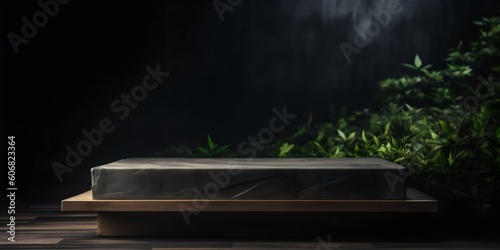 Wooden natural table with stone and dark grey background with copy space. Product placement and presentation. Generative AI