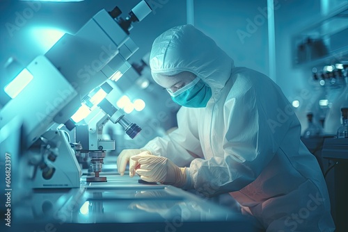 Side view of scientist in protective mask and gloves working at modern laboratory. There is many microscopes around. Realistic generative AI illustration.