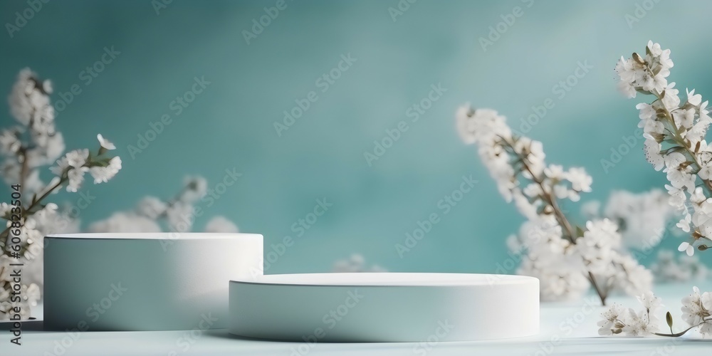 White platform for product placement with copy space on bright and blue background. Generative AI White platform for product placement with copy space on bright and blue background. Generative AI