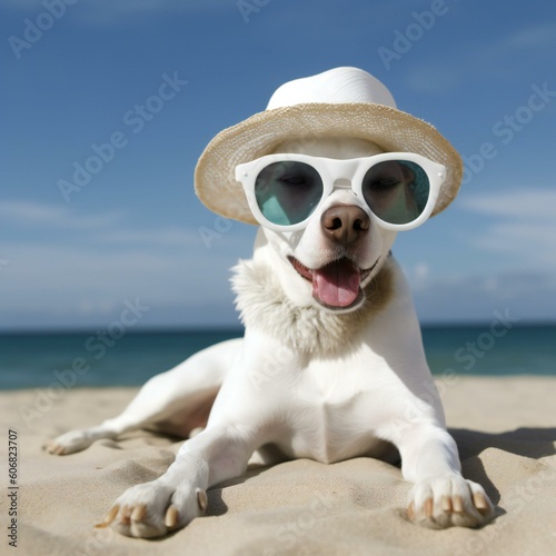 Happy dog wearing white hat and sunglasses in beach. Created with generative AI. © s1llu