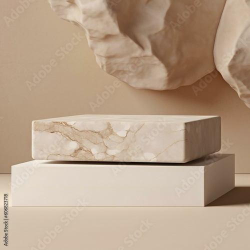 Mockup white cosmetic box on natural stone podium on beige background. Created with generative AI.
