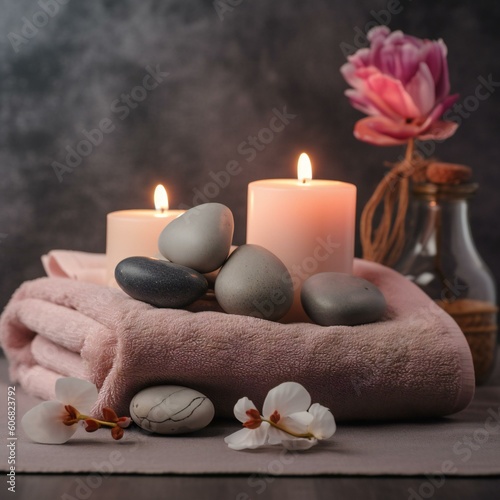 Pink and Grey Spa background with candles  stones and towels. Created with generative AI.