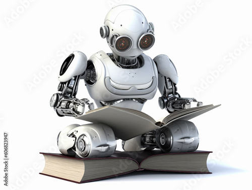 A human-like robot is reading a book. Isolated on white background.