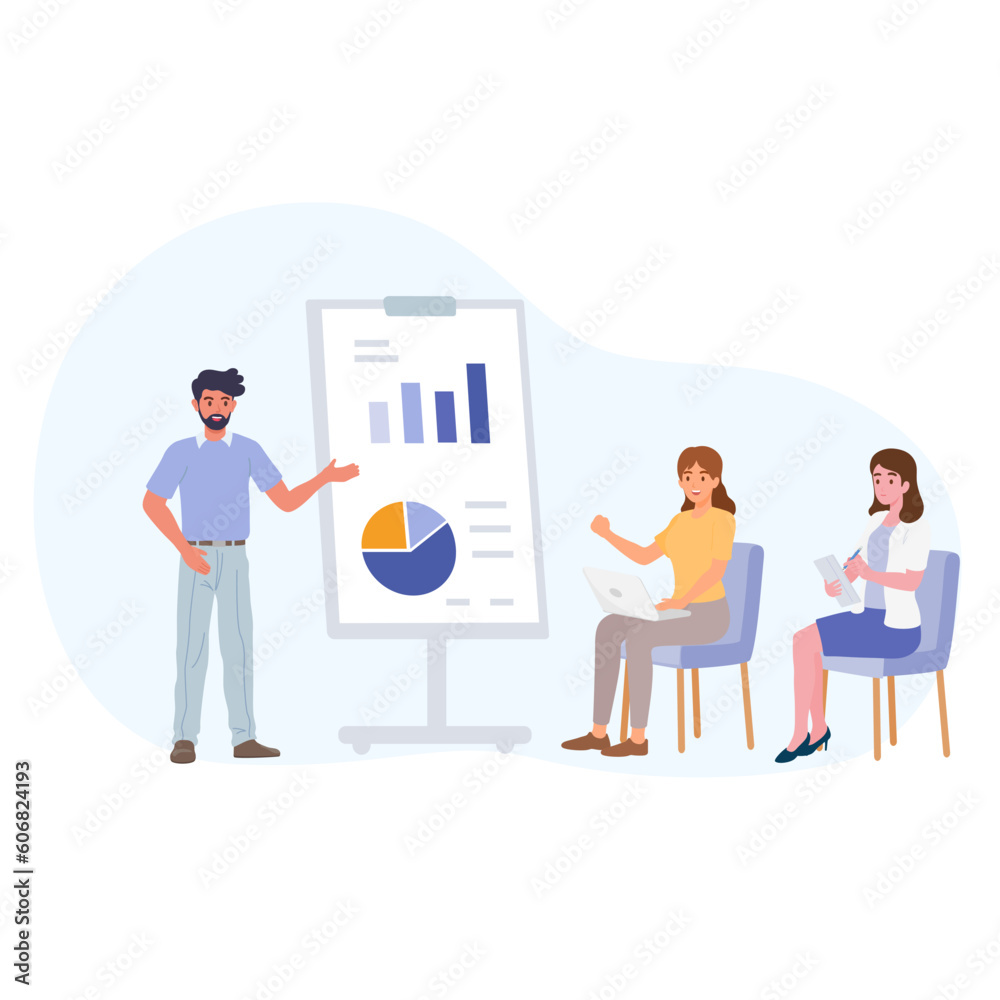 Business people. Diverse characters working as a teamwork at office. Business meeting and brainstorming with team for goal planning and target to achieve financial strategy. Flat vector illustration.
