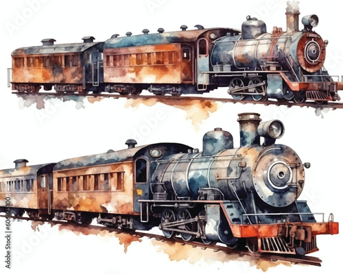 Photo old steam locomotive in motion watercolor painting white background