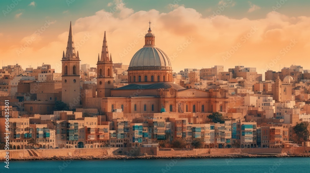 the cityscape of malta at sunset Generative Ai