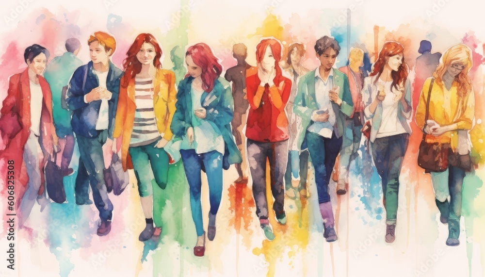 Naklejka premium A group of people illustrated in color. (Watercolor style, Generative AI)
