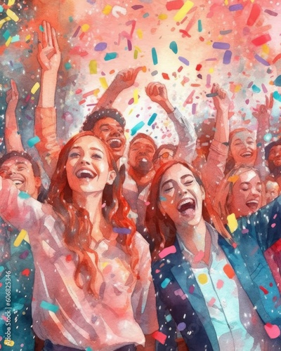 Young people got showered with confetti at a cheerful club party. (Watercolor style, Generative AI)