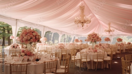 a large tent with beautiful candle lighting and pink linens inside Generative Ai